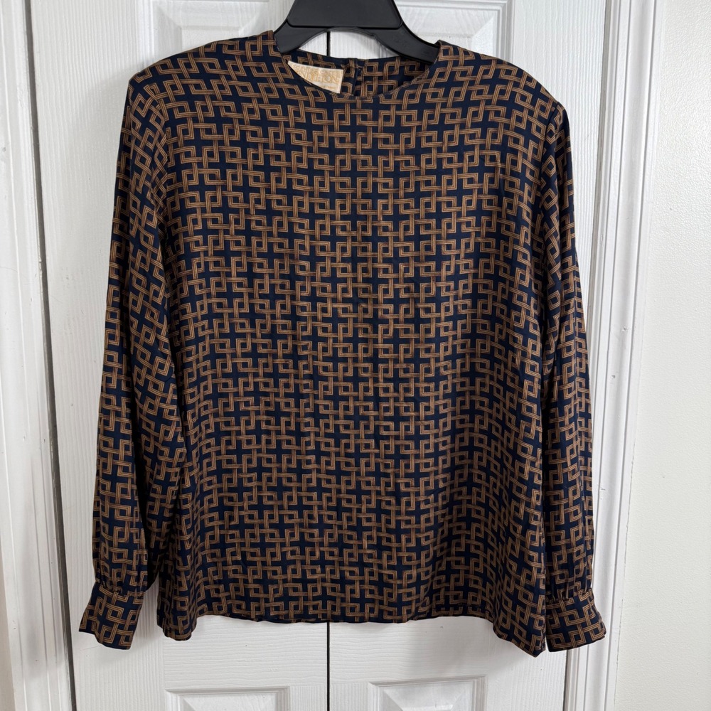 Pendleton Sophisticates Blouse Size 8 Navy Bronze Geometric Dark Academia Top
